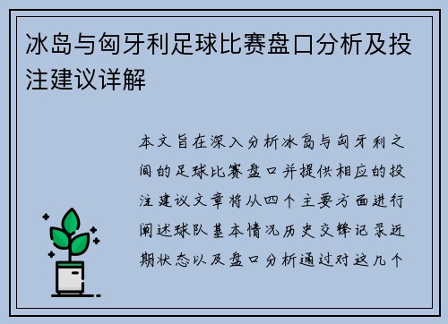 冰岛与匈牙利足球比赛盘口分析及投注建议详解