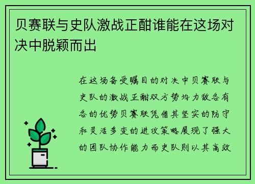 贝赛联与史队激战正酣谁能在这场对决中脱颖而出