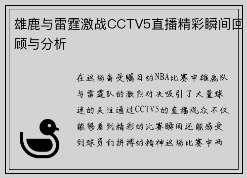 雄鹿与雷霆激战CCTV5直播精彩瞬间回顾与分析